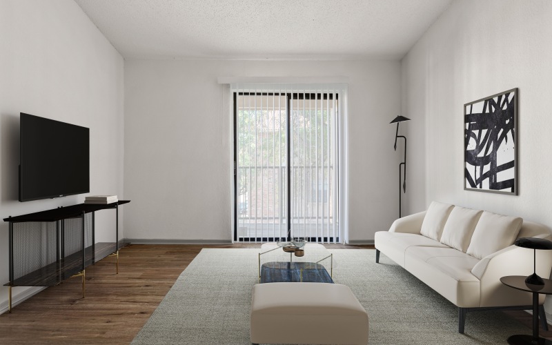 Living space with wood plank flooring